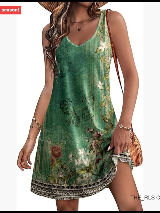 Dresses & Skirts - Polyester Spandex Casual Sundress with Pockets V-Neck A-Line